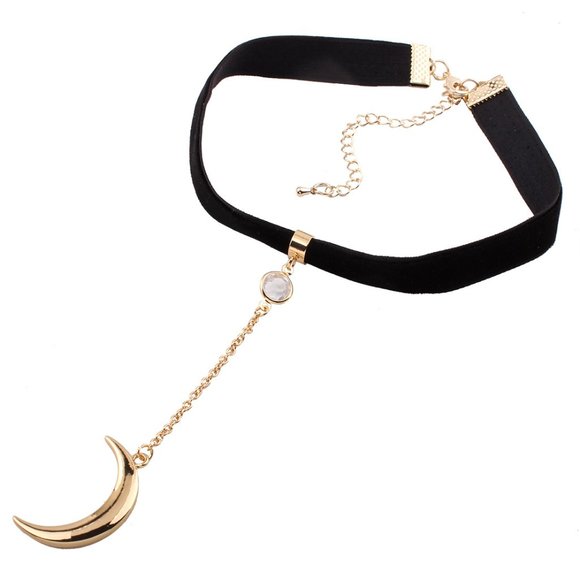 Moon Necklace w/Rhinestone on Velvet Ribbon Choker - Picture 2 of 2